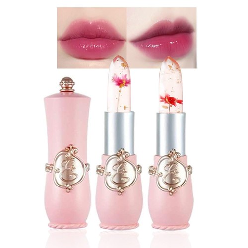 2Pcs Color Changing Lipstick,Pink Crystal Flower Jelly PH Mood Long Lasting